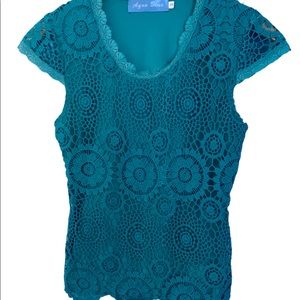 Aqua Blue Blue Crochet Cap Sleeve Top Size M